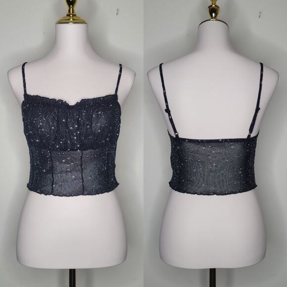 Sz L Black Mesh Sheer Crop Top Cami Celestial Stars Glitter Whimsical Fairy Dust - Picture 1 of 6